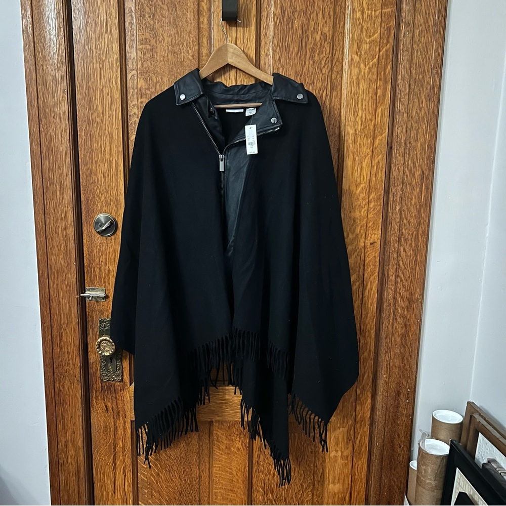 New York & Company Black Fringe Poncho Faux Leather Moto Zip Wrap M/L 3361 - Picture 11 of 11